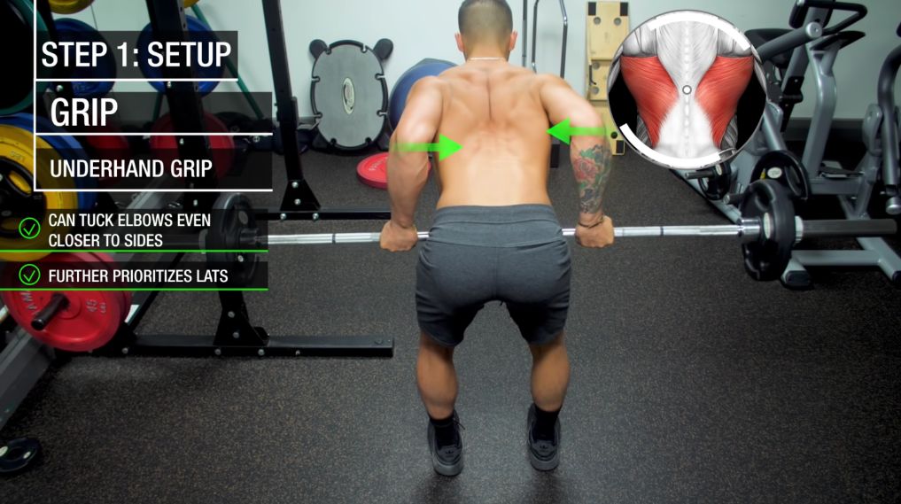 Underhand barbell row grip