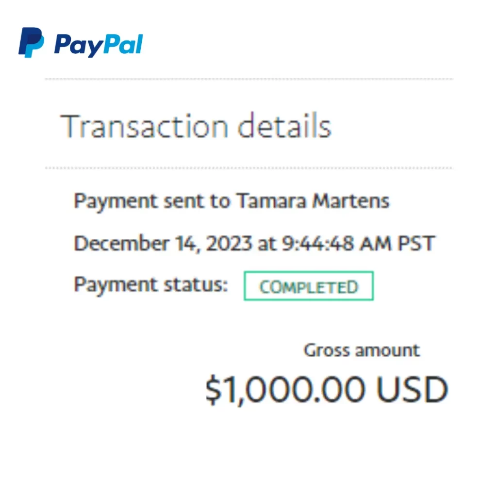 Tamara paypal screenshot